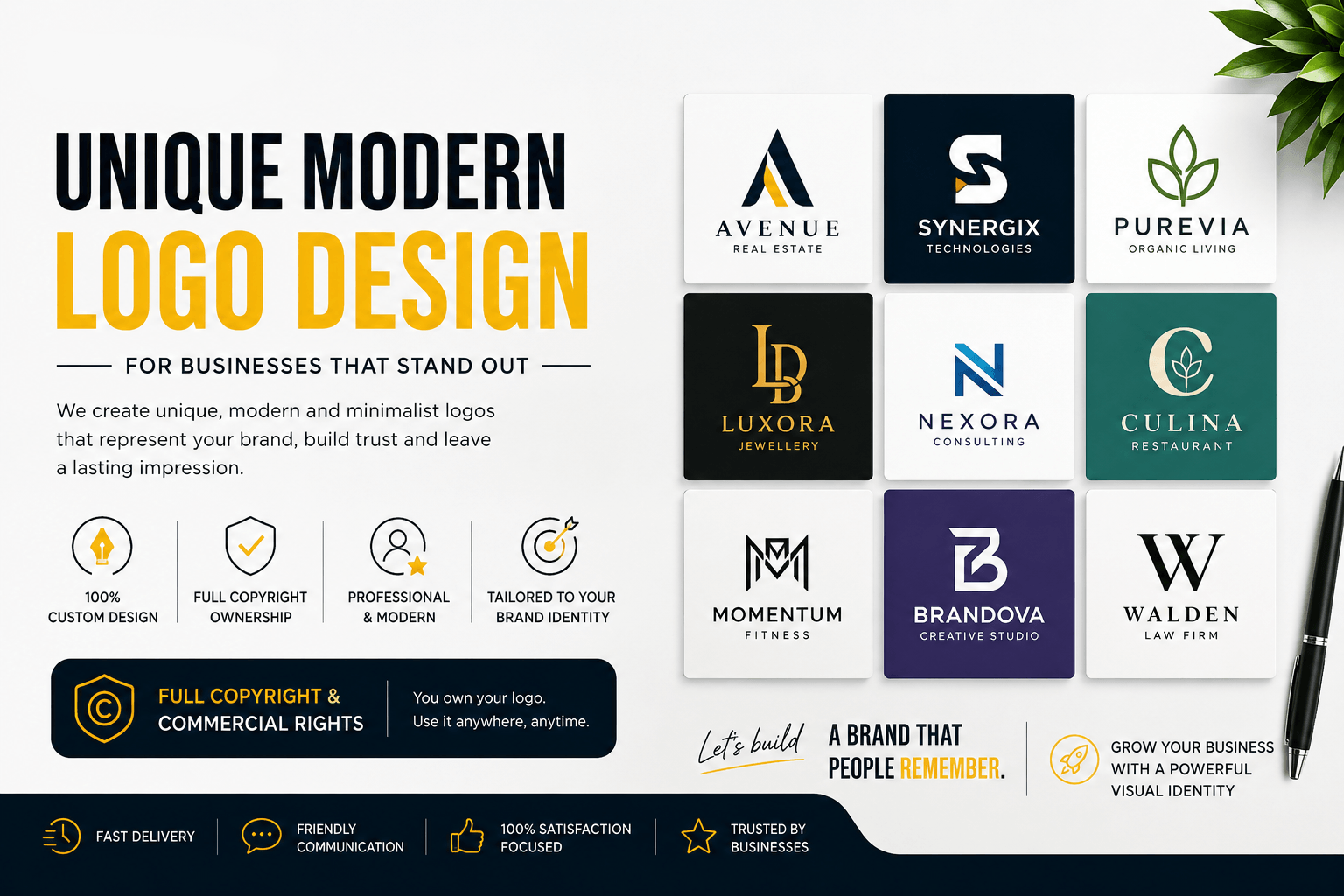 Unique Modern Logo Design for Businesses with Full Copyrights